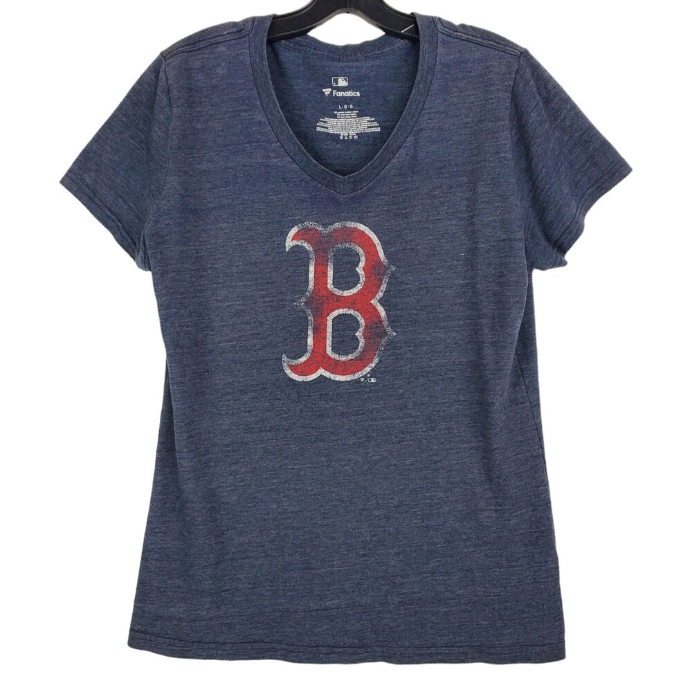 BOSTON RED SOX Shirt Womens Large Blue BIG B Logo V Neck FANATICS MLB Baseball